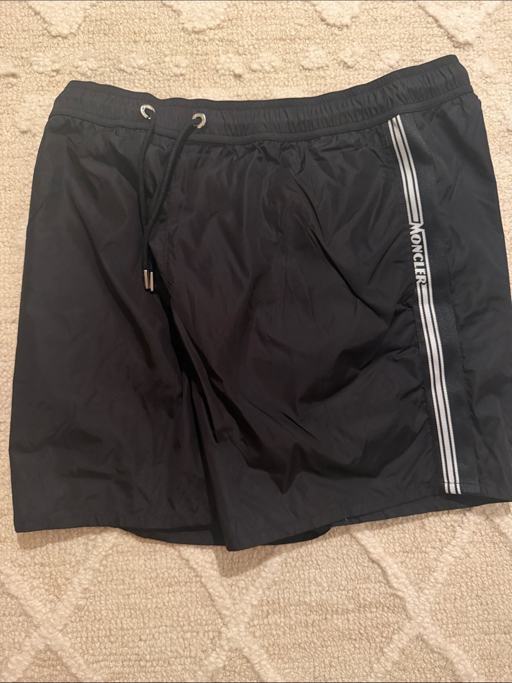 Moncler Black Swim Trunks with Vertical Logo Tape